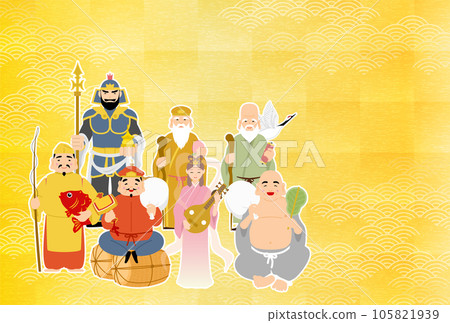 2024年龍年日式賀年片，日式七福神圖案背景和金箔青海波 105821939