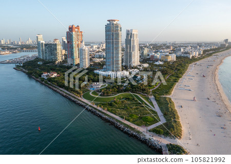 Aerial view of South Beach and South Pointe in Miami Beach, Florida at sunrise. Aerial view of South Beach and South Pointe in Miami Beach, Florida at sunrise. 105821992