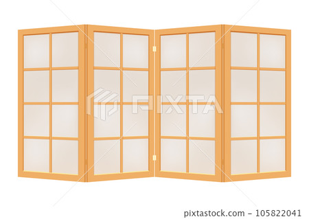 Beige wooden folding screen with frosted glass or paper to divide the room, as a decor 105822041