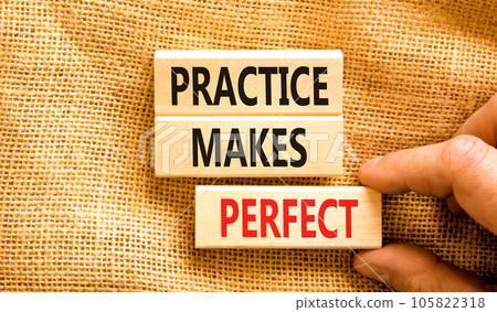 Practice makes perfect symbol. Concept words Practice makes perfect on wooden block. Beautiful canvas table canvas background. Businessman hand. Business practice makes perfect concept. Copy space. Practice makes perfect symbol. Concept words Practice makes perfect on wooden block. Beautiful canvas table canvas background. Businessman hand. Business practice makes perfect concept. Copy space. 105822318