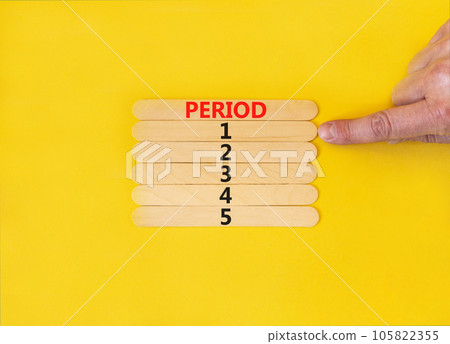 Time to period 1 symbol. Concept word Period 1 2 3 4 5 on wooden sticks. Businessman hand. Beautiful yellow table yellow background. Business planning and time to period 1 concept. Copy space. 105822355