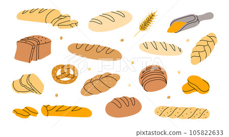 Set of fresh breads. Breads and pastry banner. Whole grain and wheat bread, pretzel, ciabatta, croissant, french baguette for bakery menu design. Set of fresh breads. Breads and pastry banner. Whole grain and wheat bread, pretzel, ciabatta, croissant, french baguette for bakery menu design. 105822633