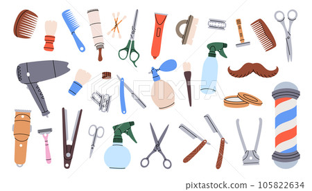 Hairdressing tool kit. Barber shop set. Barbershop equipments. Barber pole, razor blade, hair clipper, scissors, comb, dryer, spray bottle. Hairdressing tool kit. Barber shop set. Barbershop equipments. Barber pole, razor blade, hair clipper, scissors, comb, dryer, spray bottle. 105822634