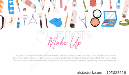 Beauty salon banner. Makeup tools horizontal background. Eye shadow, powder, brushes, lipstick, lip gloss, lip pencil, mascara, blush, mirror, cream. 105822636