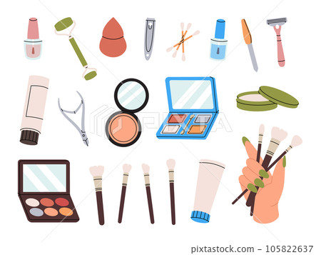 Set of cosmetics. Makeup and beauty tools. Eye shadow, powder, brushes, lip gloss, powder, cream, lipstick, foundation, mascara, face serum. Set of cosmetics. Makeup and beauty tools. Eye shadow, powder, brushes, lip gloss, powder, cream, lipstick, foundation, mascara, face serum. 105822637