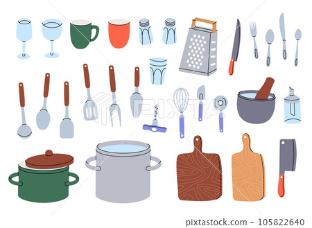 Kitchen utensils. Ceramic plates, mug, cup, wineglass, frying pan, sieve, colander, kitchen mitten, cooking glove, steel grater, mortar, rolling pin. 105822640