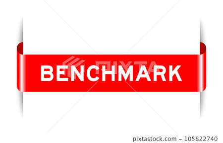 Red color inserted label banner with word benchmark on white background 105822740