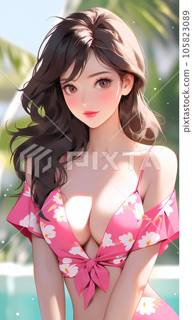 手绘卡通唯美的比基尼泳装女孩插画 105823089