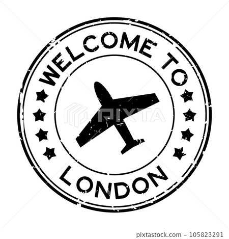 Grunge black welcome to london with airplane icon round rubber seal stamp on white background Grunge black welcome to london with airplane icon round rubber seal stamp on white background 105823291