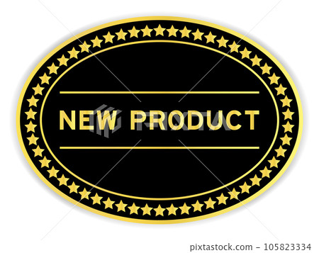 Black and gold color oval label sticker with word new product on white background 105823334