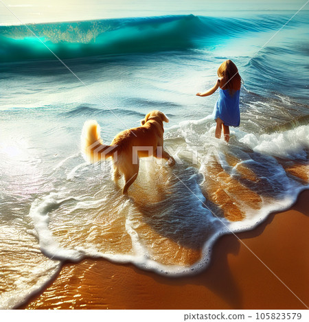 Girl playing with a dog on the beach 105823579