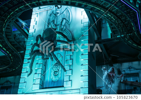 Big spider and floating bride ghost in freaky haunted house Big spider and floating bride ghost in freaky haunted house 105823670