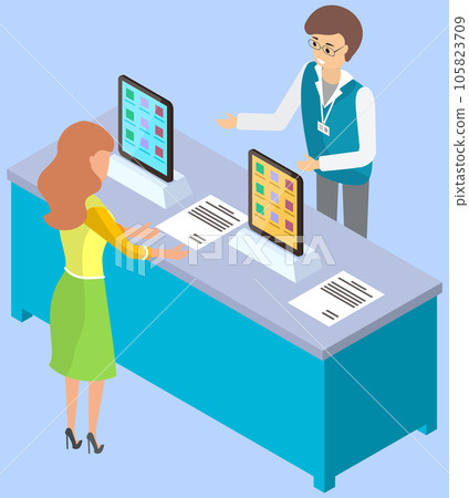 Male marketer advertises presentation of new technologies. Lady at exhibition of new product Male marketer advertises presentation of new technologies. Lady at exhibition of new product 105823709