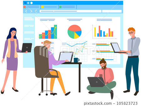 Employees analyze statistical indicators, business data. Characters work with marketing research 105823723