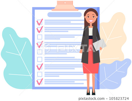 Woman stands near to do list and planning schedule. Plan fulfilled, task completed, timetable sheet Woman stands near to do list and planning schedule. Plan fulfilled, task completed, timetable sheet 105823724