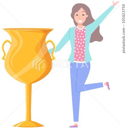 Woman wins award, victory in competition. Lady holds gold prize, trophy as symbol of achievement 105823750