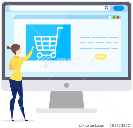 Woman chooses goods on website for online shopping, conducts payment, pays by credit card 105823807