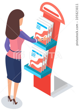 Woman looking at stand with books. Lady near literature exhibition, catalogs, magazines on rack 105823811