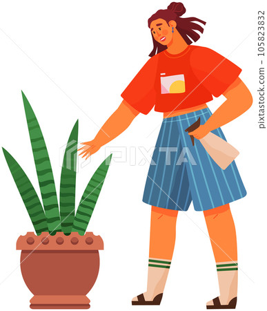 Cute girl watering plant at garden, cozy home. Young women taking care of houseplants, spray leaves Cute girl watering plant at garden, cozy home. Young women taking care of houseplants, spray leaves 105823832