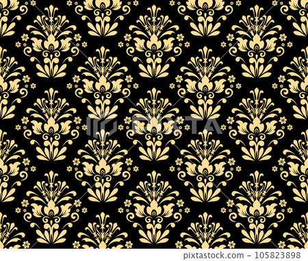 Wallpaper in the style of Baroque. Seamless vector background. Gold and black floral ornament. Graphic pattern for fabric, wallpaper, packaging. Ornate Damask flower ornament Wallpaper in the style of Baroque. Seamless vector background. Gold and black floral ornament. Graphic pattern for fabric, wallpaper, packaging. Ornate Damask flower ornament 105823898