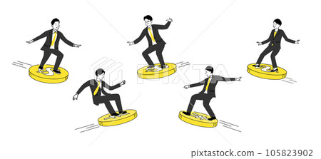 Illustration of a business person riding dollar and yen coins, vector Illustration of a business person riding dollar and yen coins, vector 105823902