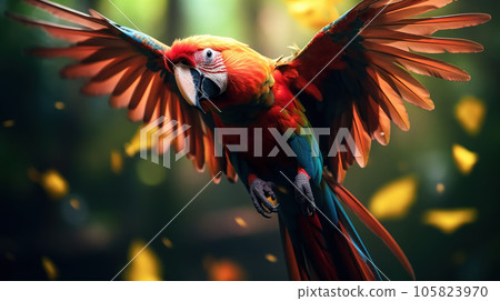 a flying parrot in the green tropical 105823970