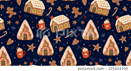 Christmas gingerbread houses seamless patterns on dark blue repeat background. Cute gingerbread cookies. Vector winter print 105824100