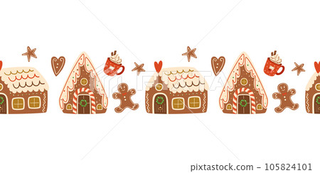 Christmas gingerbread houses and cookies seamless border. Baked Christmas dessert, hot winter drink. Horizontal repeat vector illustration. 105824101