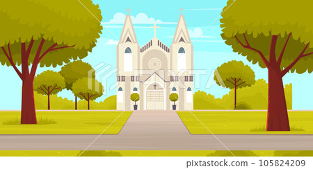 Old Catholic Church. Cartoon vector classic cathedral illustration 105824209