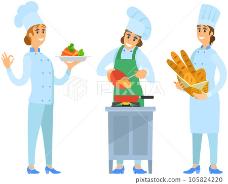 Set of chefs creating restaurant meal. People fry with pan, cut vegetables, add ingredients to dish Set of chefs creating restaurant meal. People fry with pan, cut vegetables, add ingredients to dish 105824220
