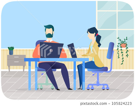 Employees cooperating, doing business tasks together at workplace. Team of managers work in office 105824223