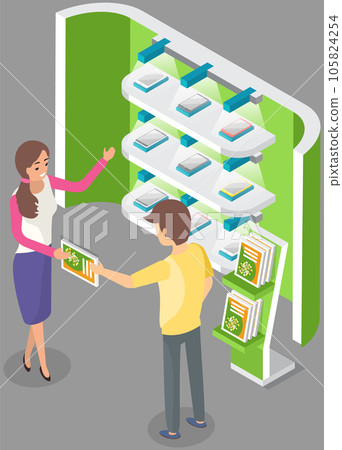 People near stand with presentation product. Promoter advertises smartphones, sharing books 105824254