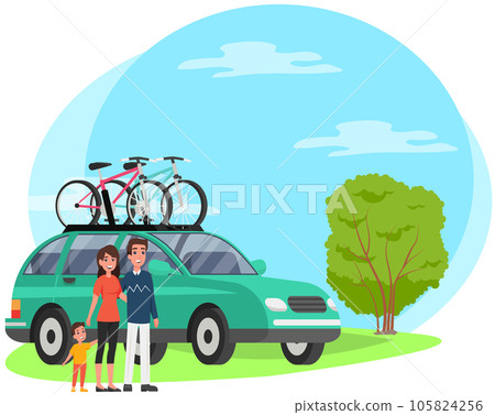 Young family, father, mother and their child near car for traveling and transporting bicycles Young family, father, mother and their child near car for traveling and transporting bicycles 105824256