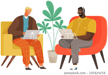 Working male characters employee in office sitting on armchair with computer typing on keyboard 105824258