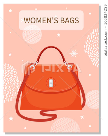 Cartoon illustration of women bag vector icon on blue background, poster with stylish handbag 105824259