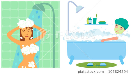 Lady sits in hot tub, takes bath, makes face mask. Woman showering, cleaning her body and hair 105824294