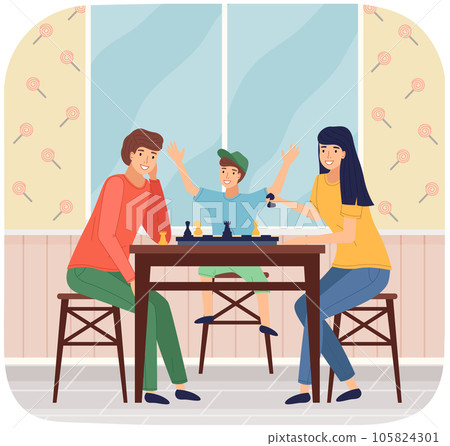 Mother, father and son playing board game together. Family members playing chess sitting at table 105824301