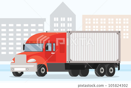 Delivery truck rides on road near buildings. Wagon with trailer for transporting goods worldwide Delivery truck rides on road near buildings. Wagon with trailer for transporting goods worldwide 105824302