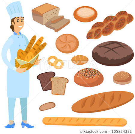 Female bakehouse worker stands with basket of bread next to various pastries, desserts, cakes 105824351