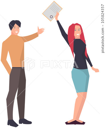 Employees hold diploma as symbol of victory in business. Team wins award document in competition 105824357