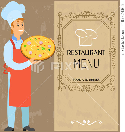 Menu template, dish card for pizzeria. Pizzaiolo, pizza maker serving meal, dish of italian cuisine Menu template, dish card for pizzeria. Pizzaiolo, pizza maker serving meal, dish of italian cuisine 105824366