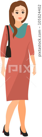 Stylish young woman in elegant dress standing with handbag. Smiling lady in fashionable apparel 105824402