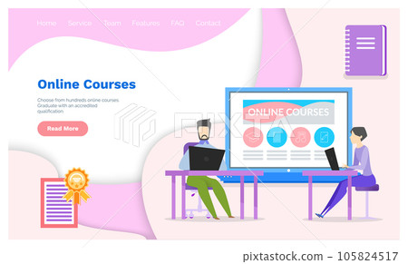 People work with program for studying courses via Internet, distance learning website template 105824517