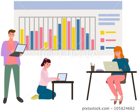 Employees analyze statistical indicators, business data. Characters work with marketing research Employees analyze statistical indicators, business data. Characters work with marketing research 105824662