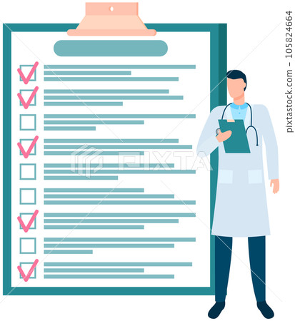 Doctor standing near big checklist with check marks. Male therapist plans work schedule, to do list 105824664