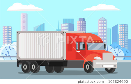 Delivery truck rides on road near buildings. Wagon with trailer for transporting goods worldwide 105824690