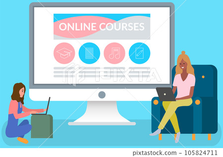 Website with online courses for e-learning. Girls study with laptops. Best method of self education Website with online courses for e-learning. Girls study with laptops. Best method of self education 105824711