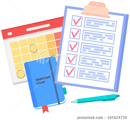 Clipboard with checklist, to do plan, time management with red tick marks near notebook, calendar Clipboard with checklist, to do plan, time management with red tick marks near notebook, calendar 105824730