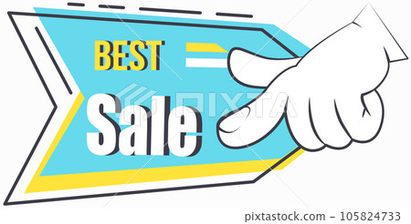 Big sale banner. Sale and discounts. Big discount with human hand pointing to advertising phrase Big sale banner. Sale and discounts. Big discount with human hand pointing to advertising phrase 105824733