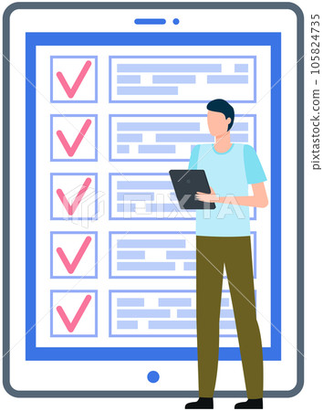 Month scheduling, to do list, time management app. Businessman stands near checklist on smartphone Month scheduling, to do list, time management app. Businessman stands near checklist on smartphone 105824735